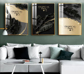 TPFLiving Leinwandbild Kunstdruck - Nordic Art Goldene Blätter und Federn auf schwarzem Hintergrund - OHNE Rahmen - Bilder Wohnzimmer- Modell A